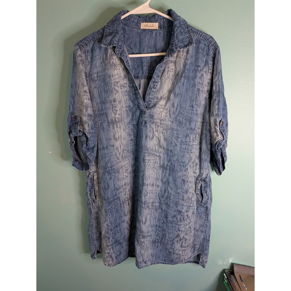 Bella Dahl Blue Ikat Print Tencel Shift Dress Roll Tab Sleeve Women Large